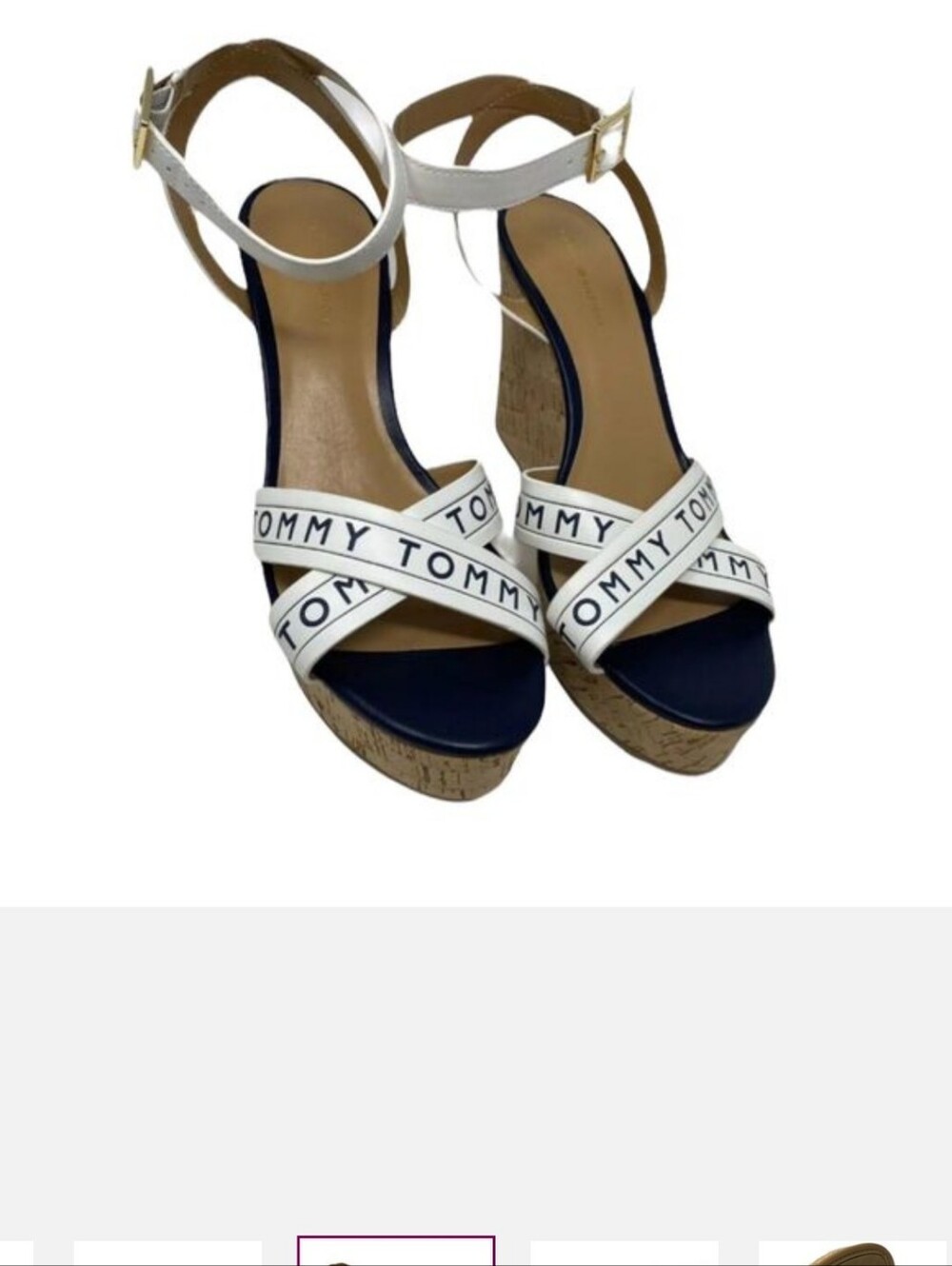 Tommy Hilfiger Sandals Womens 9.5 White Wedge Ankle Strap Buckle‎ Logo Open Toe - Picture 5 of 7